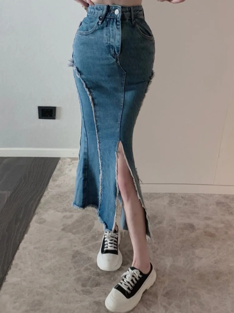 Irregular Women Mermaid Denim Skirt High Waist Blue Fashion Tassel Split Slim Female Korean Jeans Long Skirt