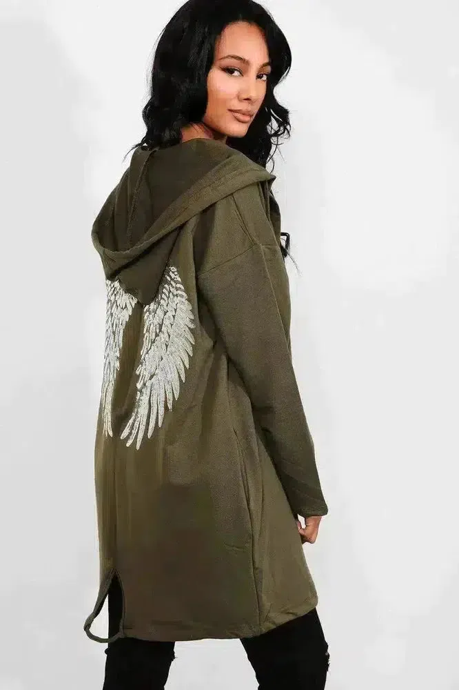 Khaki Hooded Sequinned Wings Open Cardigan