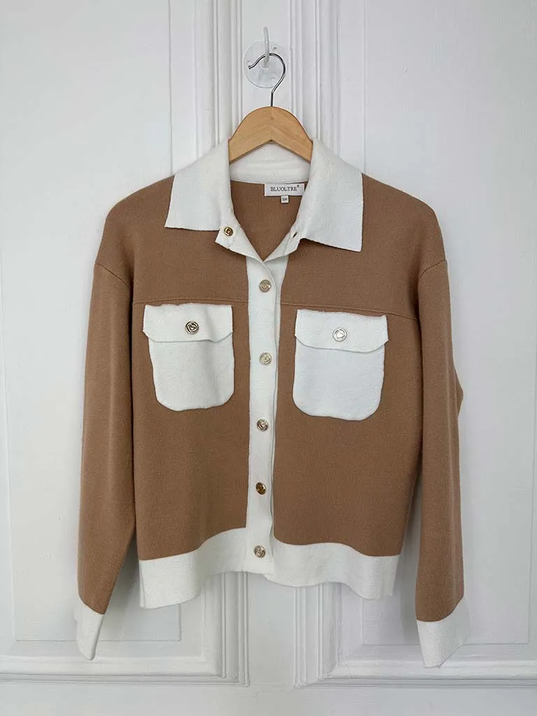 Knitted Gold Button Jacket - Camel