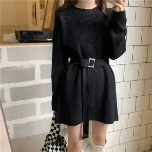 Knitted Sweater Women Autumn Winter Oversize Loose Vintage Long Sleeve Sweater with Belt Top Casual