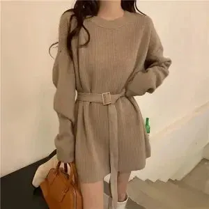 Knitted Sweater Women Autumn Winter Oversize Loose Vintage Long Sleeve Sweater with Belt Top Casual