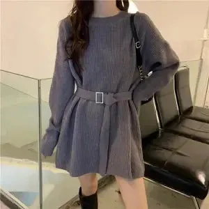 Knitted Sweater Women Autumn Winter Oversize Loose Vintage Long Sleeve Sweater with Belt Top Casual