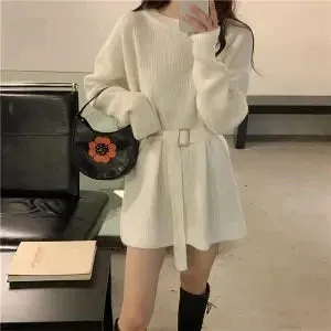 Knitted Sweater Women Autumn Winter Oversize Loose Vintage Long Sleeve Sweater with Belt Top Casual