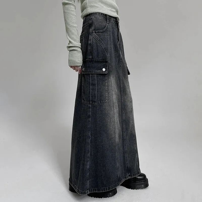 Korean Fashion Straight Loose Denim Skirt Women Cargo Style Pockets Distressed Long Skirt Harajuku Slit Stitching