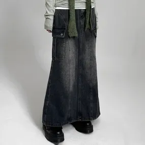 Korean Fashion Straight Loose Denim Skirt Women Cargo Style Pockets Distressed Long Skirt Harajuku Slit Stitching