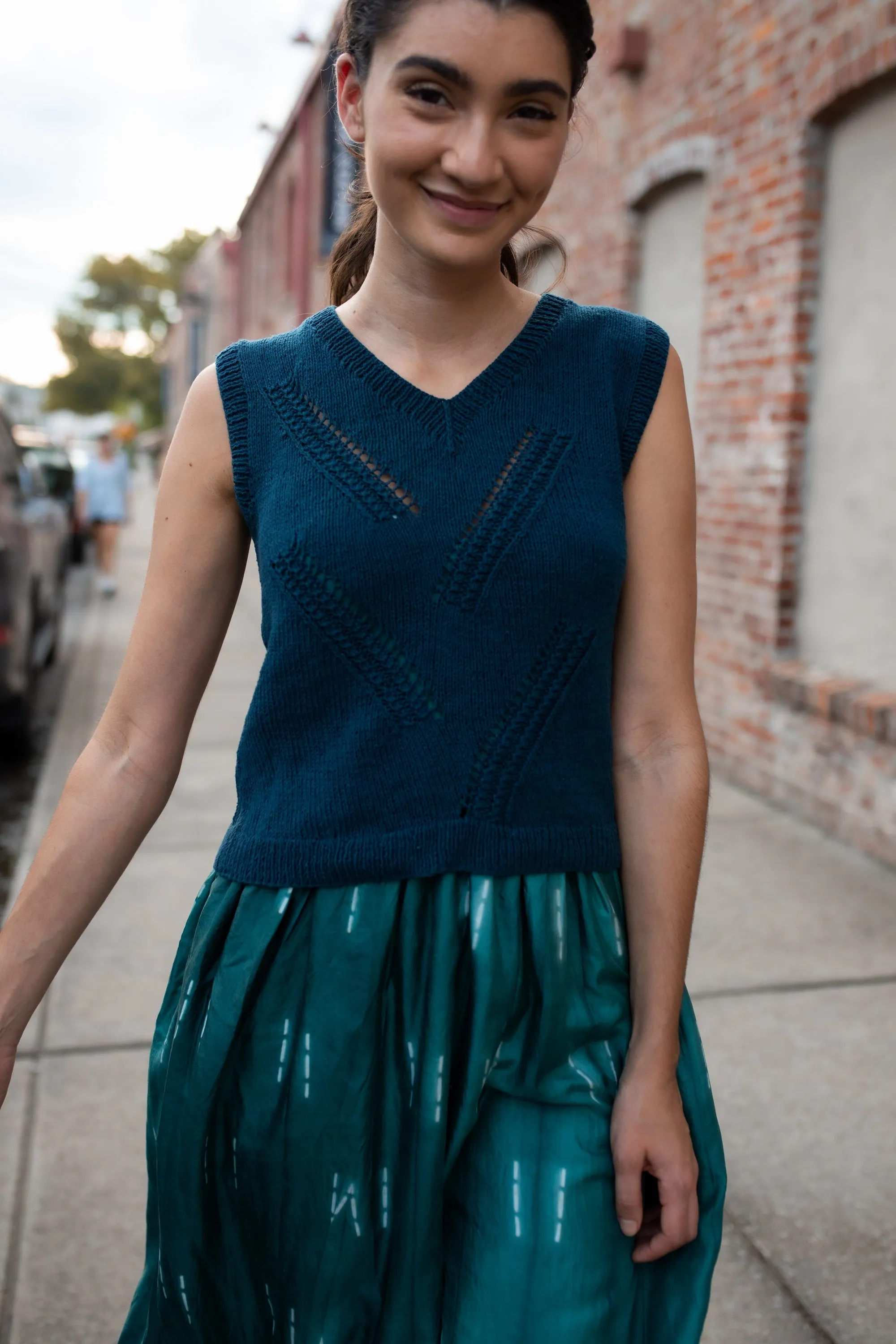 Libby Hand Knit Cotton Vest Tank in Aqua - XS Sample