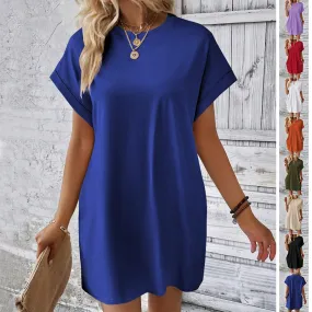 Loose Short Sleeve Dress With Pockets Summer Casual Solid Color Round Neck Straight Dresses Womens Clothing