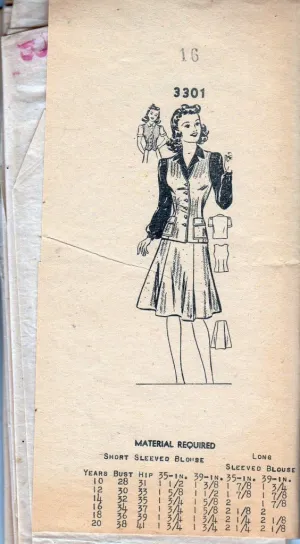 Mail Order 3301 Vintage 1940's Sewing Pattern Ladies Blouse Skirt Vest