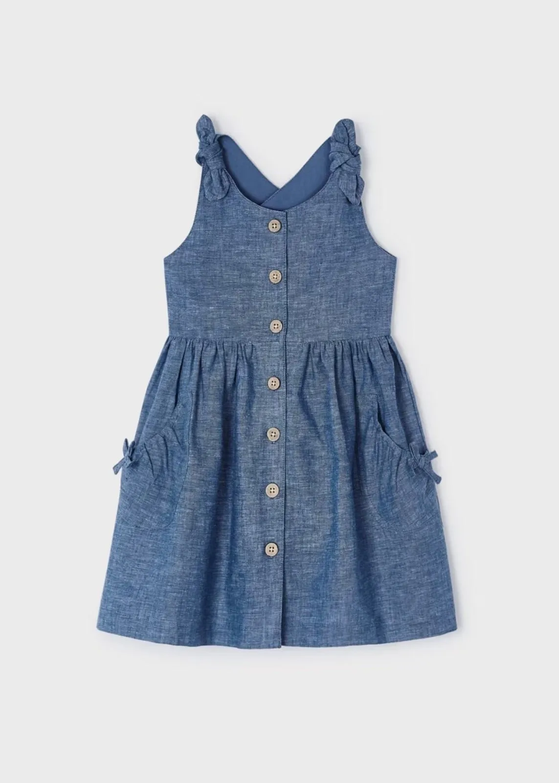 Mayoral Girls Blue Bow Shoulder Linen Dress