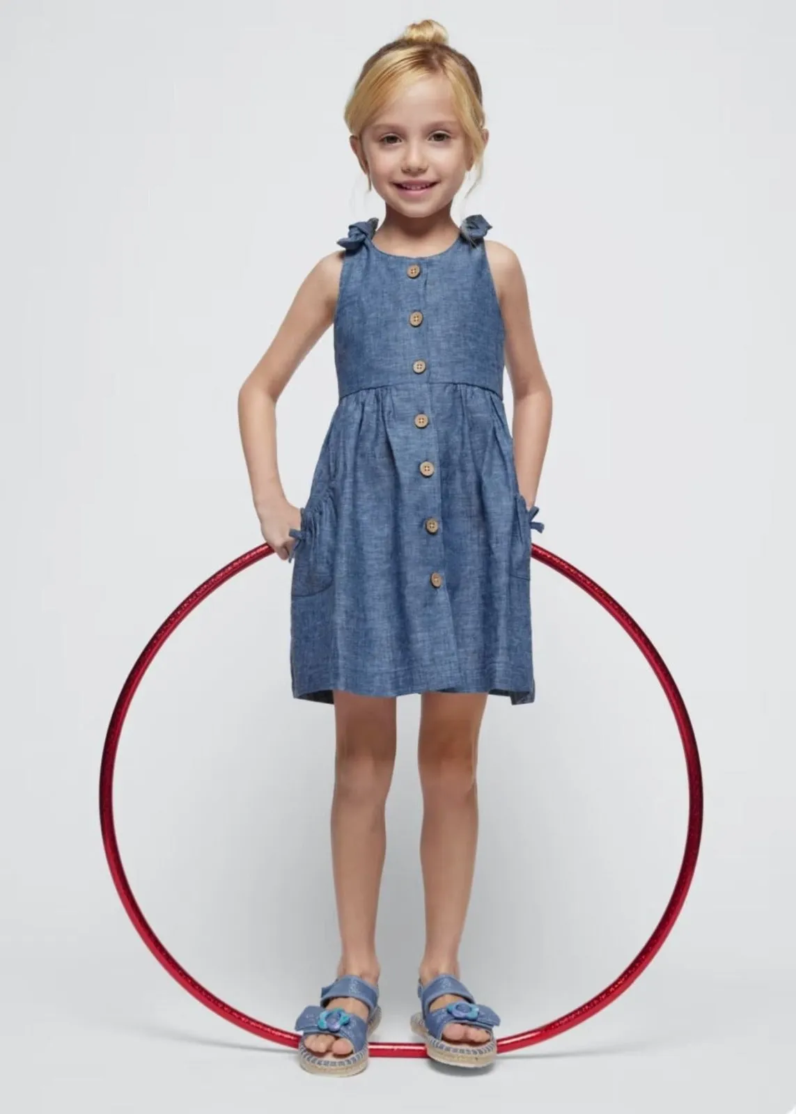 Mayoral Girls Blue Bow Shoulder Linen Dress