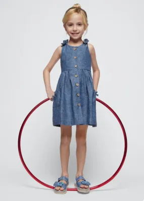 Mayoral Girls Blue Bow Shoulder Linen Dress