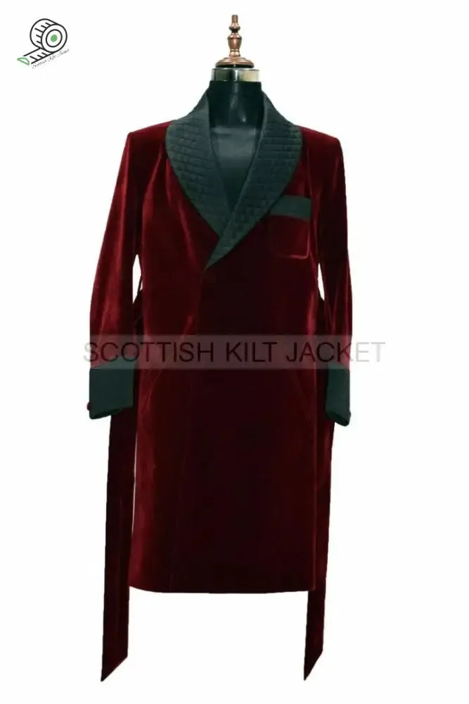 Men's Long Robes and Coats with Burgundy Velvet Insets