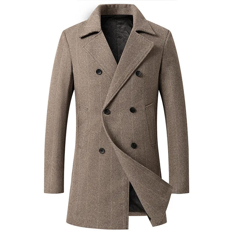 Men's Mid-length Tweed Trench Coat Plaid Double-breasted Wool Jacket