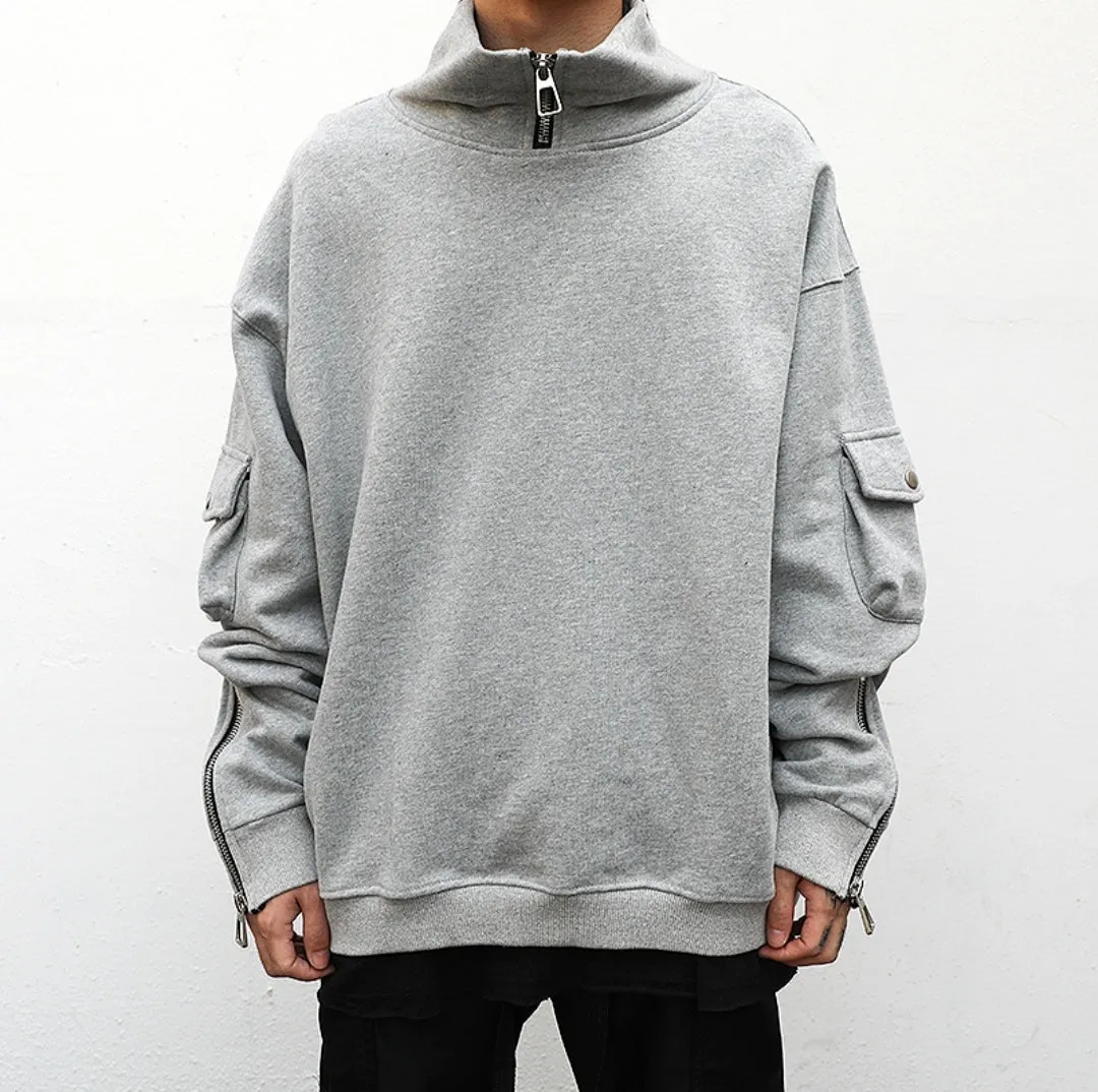 Men's Oversized High Neck Zip Sleeves Pullover Hoodie Sweatshirt