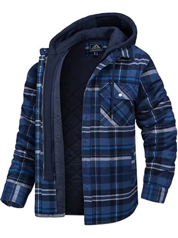 Men’s Plaid Quilted Hoodie - Flannel Shirt Jacket