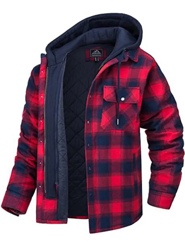 Men’s Plaid Quilted Hoodie - Flannel Shirt Jacket