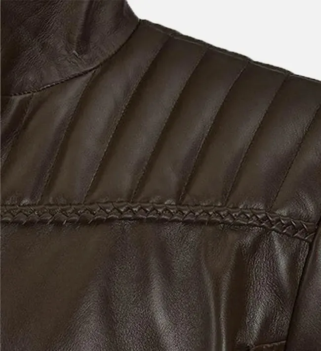 Men's Quilted Shoulder Brown Leather Jacket