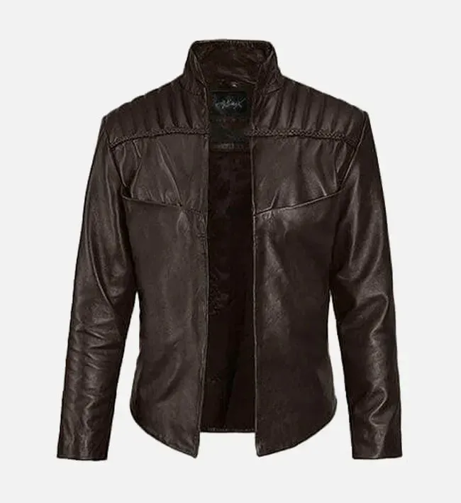 Men's Quilted Shoulder Brown Leather Jacket