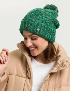 Mélange Cable Knit Cuff Beanie with Pompom