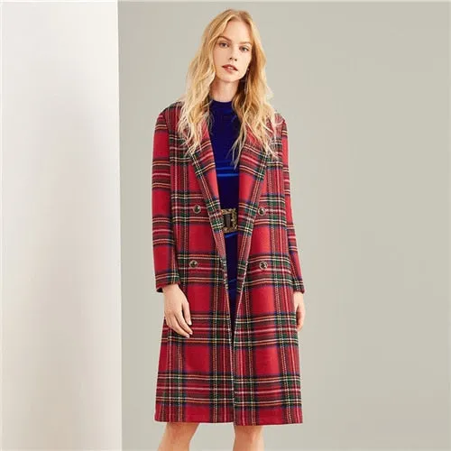 Multicolor Double Breasted Waterfall Plaid Longline Coat Elegant Pocket Knee Length