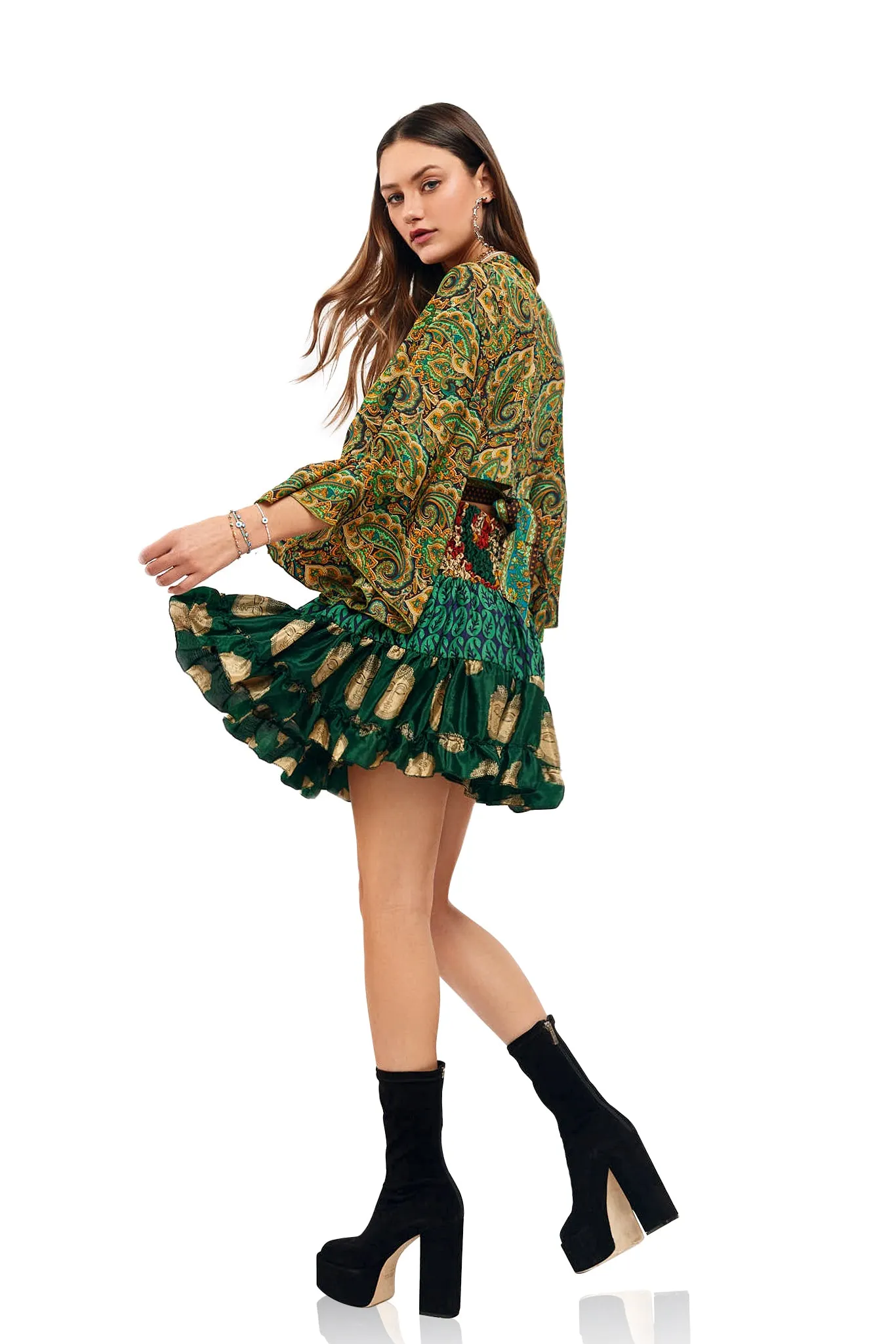 MYKONOS Silk Patchwork Print Ruffle Mini Skirt