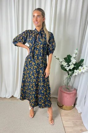 Navy Tie Floral Midi Dress