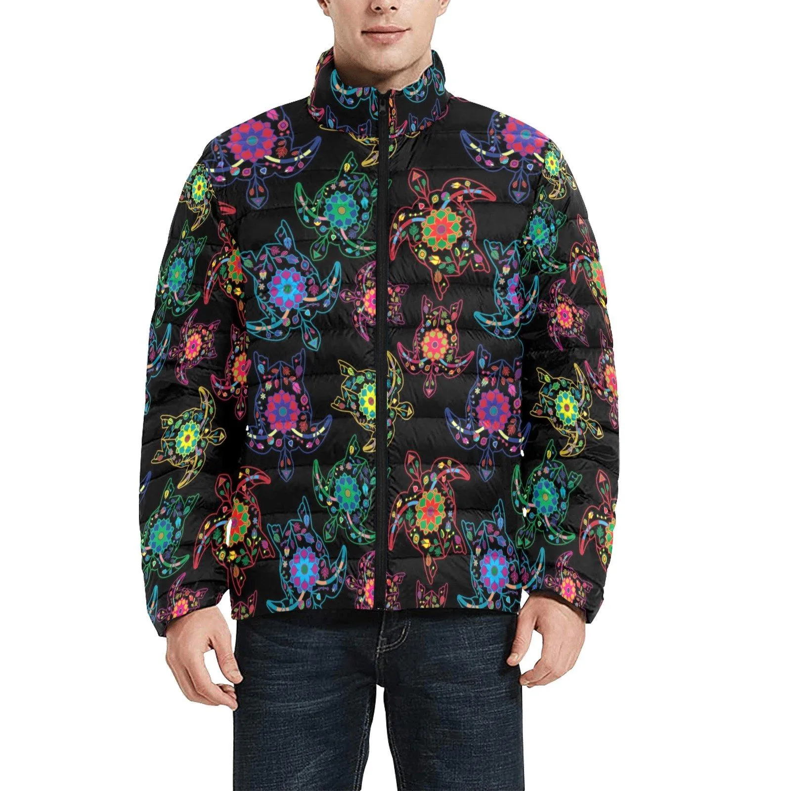 Neon Floral Turtles Men's Stand Collar Padded Jacket