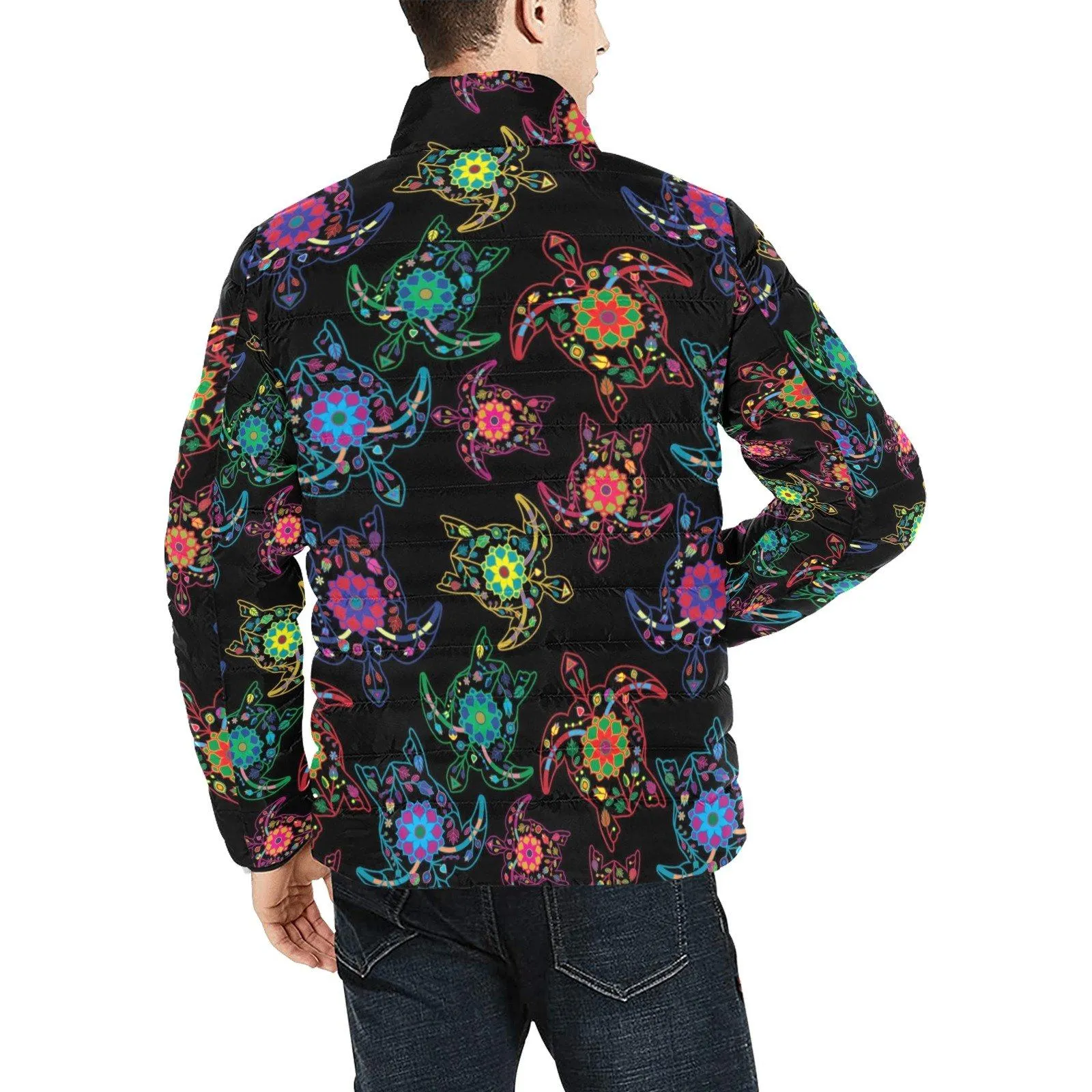 Neon Floral Turtles Men's Stand Collar Padded Jacket