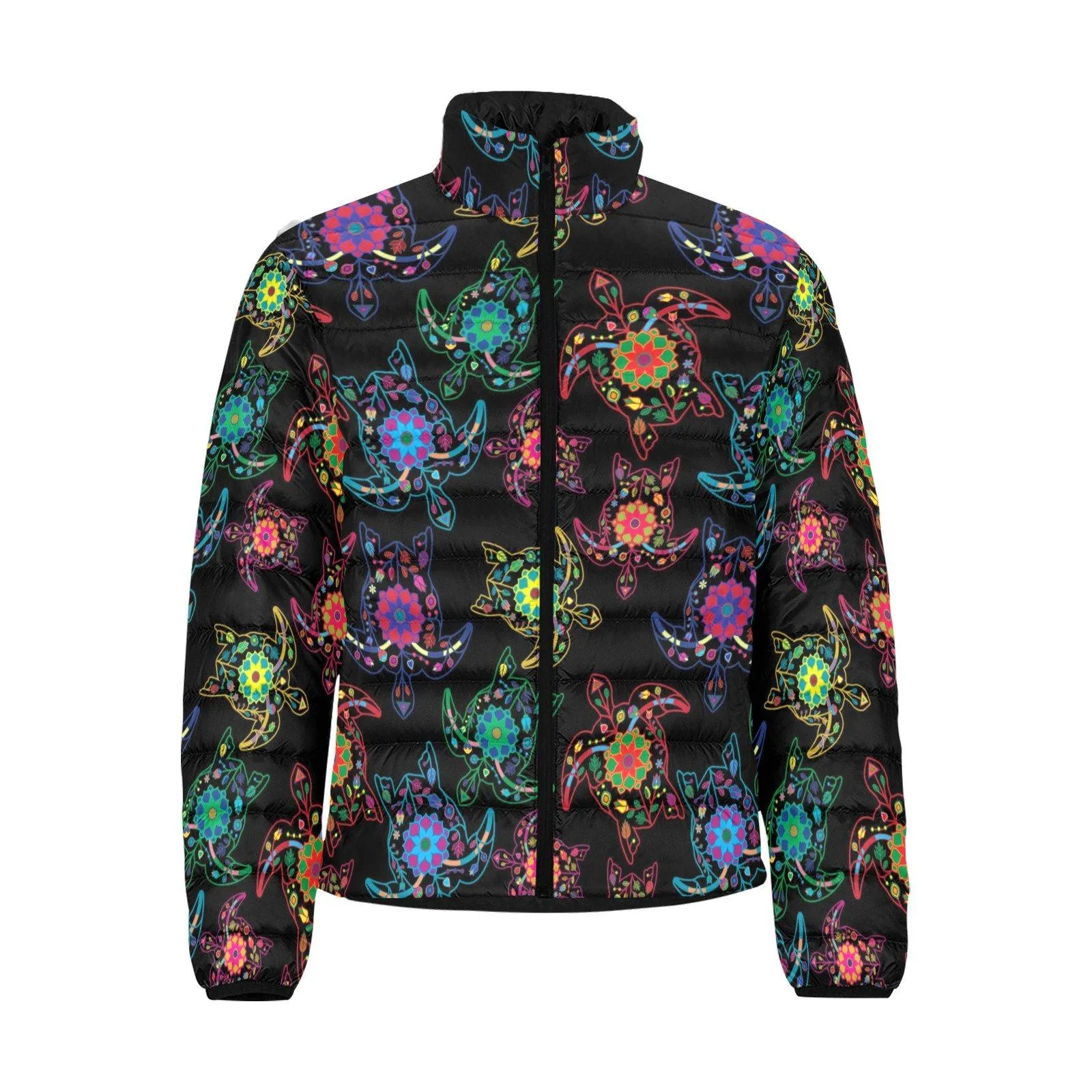 Neon Floral Turtles Men's Stand Collar Padded Jacket