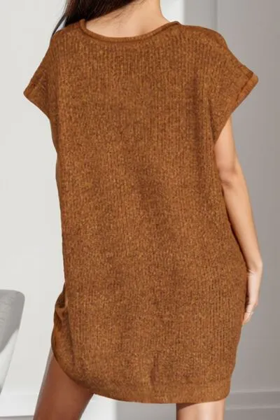 Notched Cap Sleeve Mini Sweater Dress