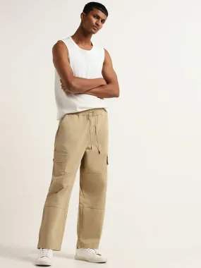 Nuon Beige Cotton Blend Loose-Fit Mid-Rise Cargo Pants