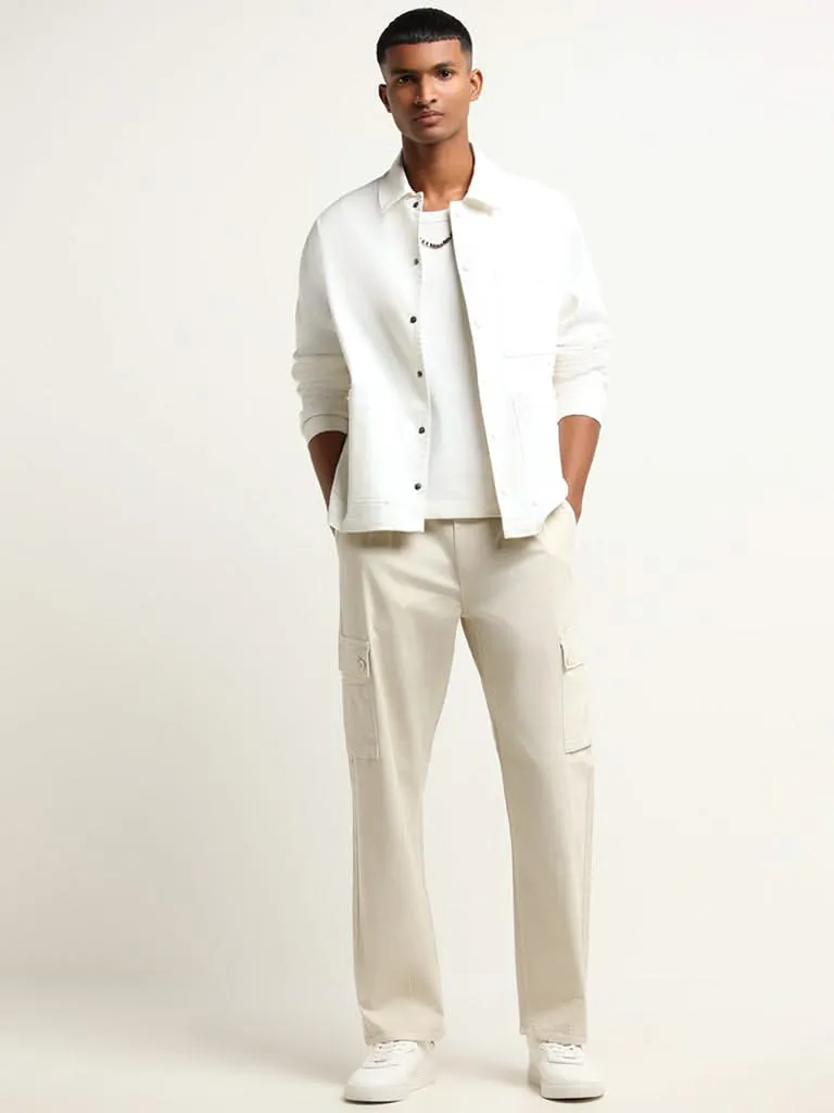 Nuon Cream Mid Rise Cotton Blend Relaxed Fit Cargo Pants