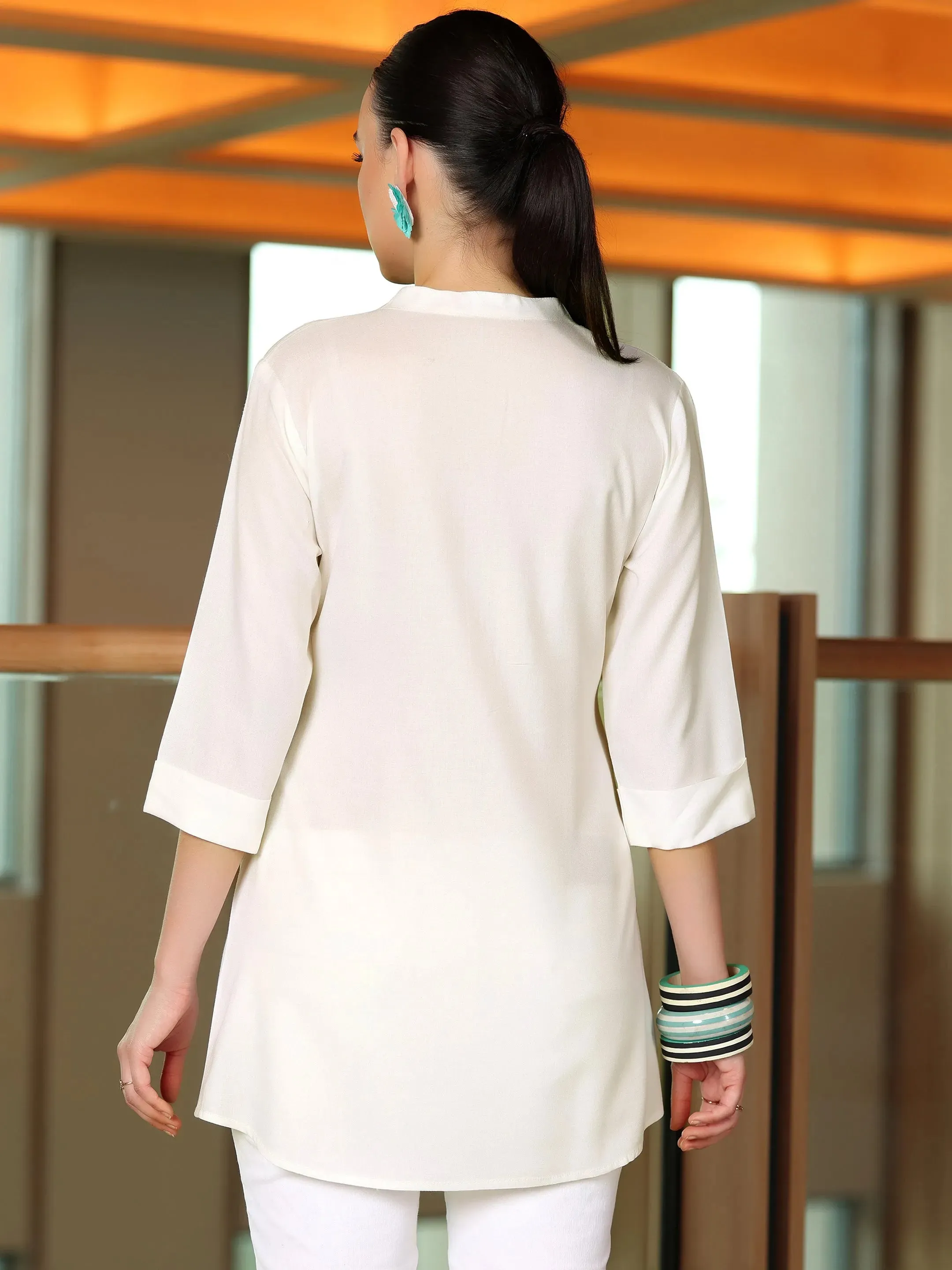 Off White Solid Rayon Straight Tunic