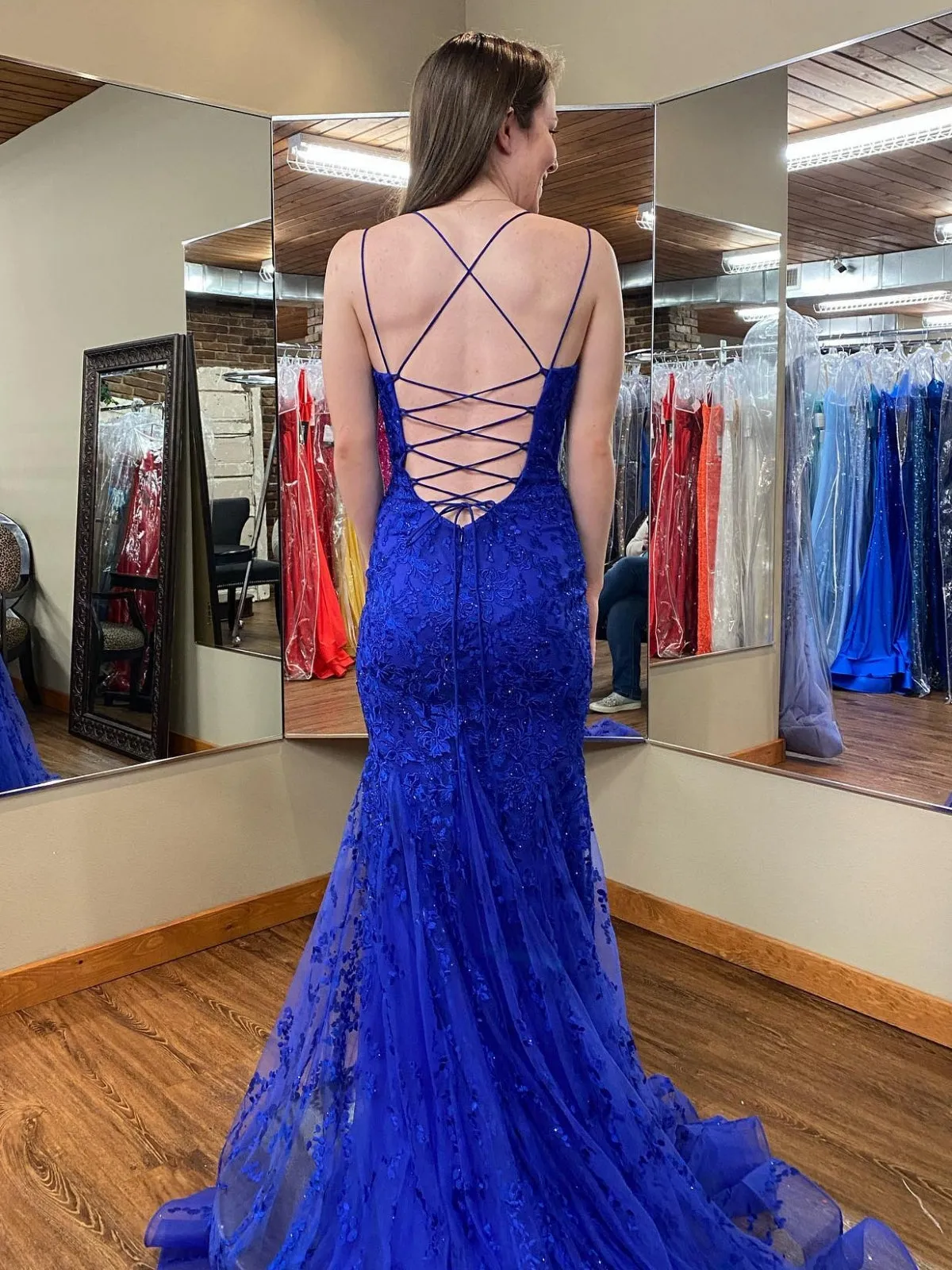 Open Back Mermaid Blue Lace Long Prom Dresses, Blue Lace Formal Dresses, Mermaid Blue Evening Dresses