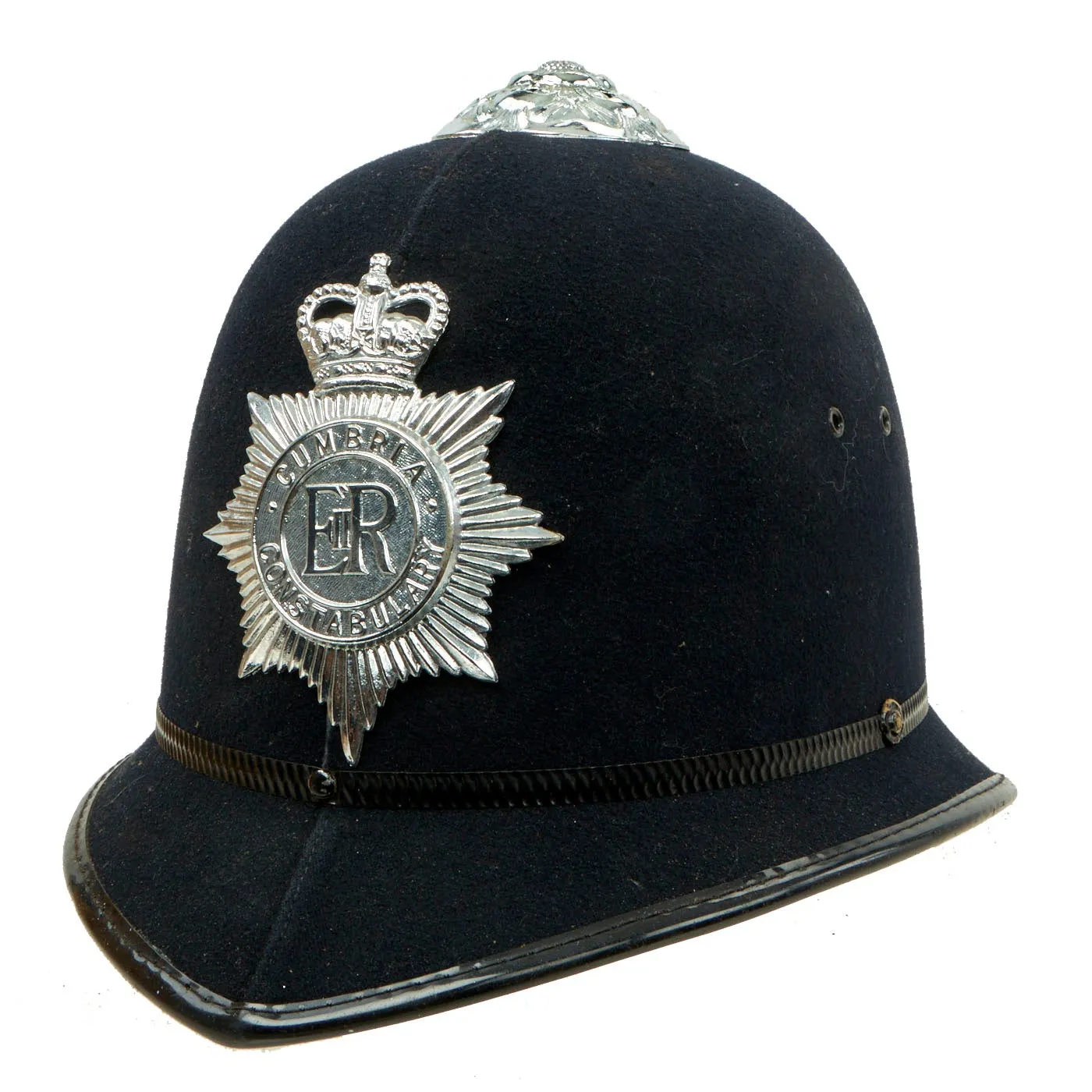 Original Set of 2 British Police Bobby Helmets - Cumbria Constabulary & Dorset Police - Formerly Part the  Tower of London Yeoman Warder’s Club Collection