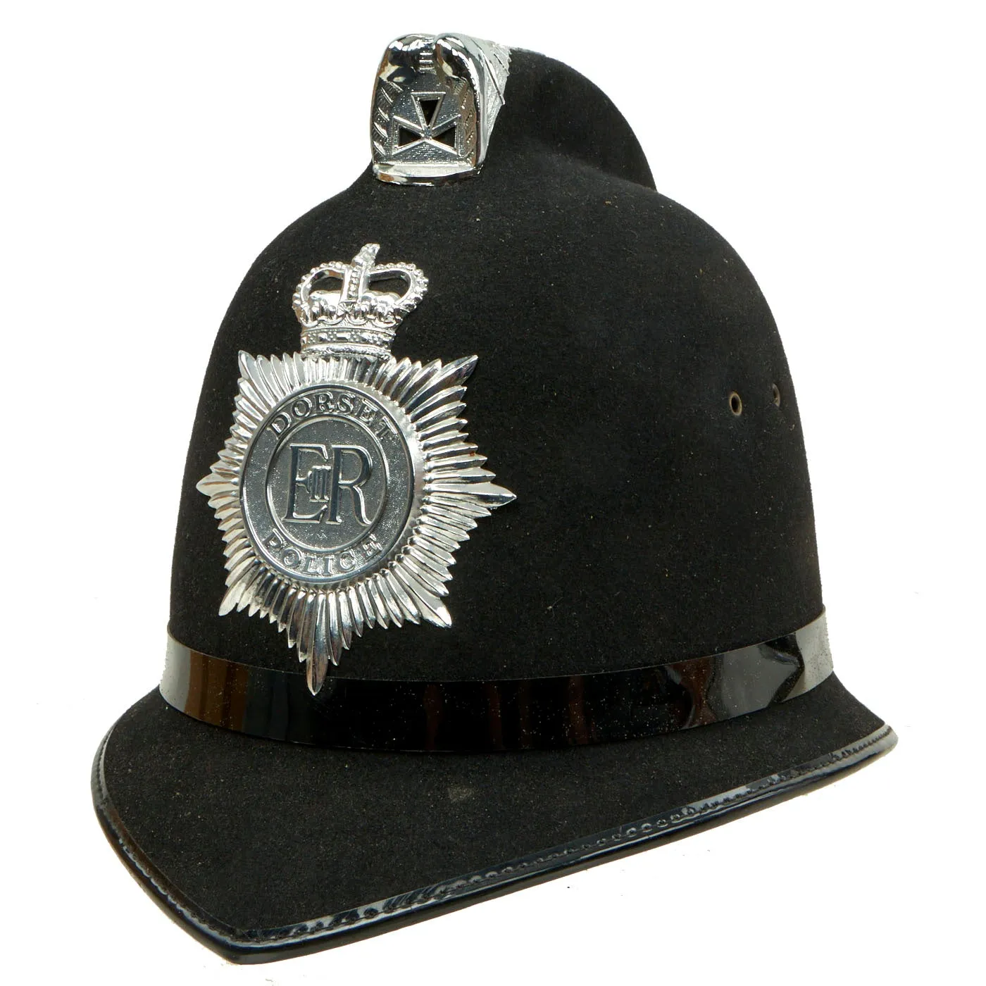 Original Set of 2 British Police Bobby Helmets - Cumbria Constabulary & Dorset Police - Formerly Part the  Tower of London Yeoman Warder’s Club Collection