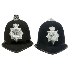 Original Set of 2 British Police Bobby Helmets - Cumbria Constabulary & Dorset Police - Formerly Part the  Tower of London Yeoman Warder’s Club Collection