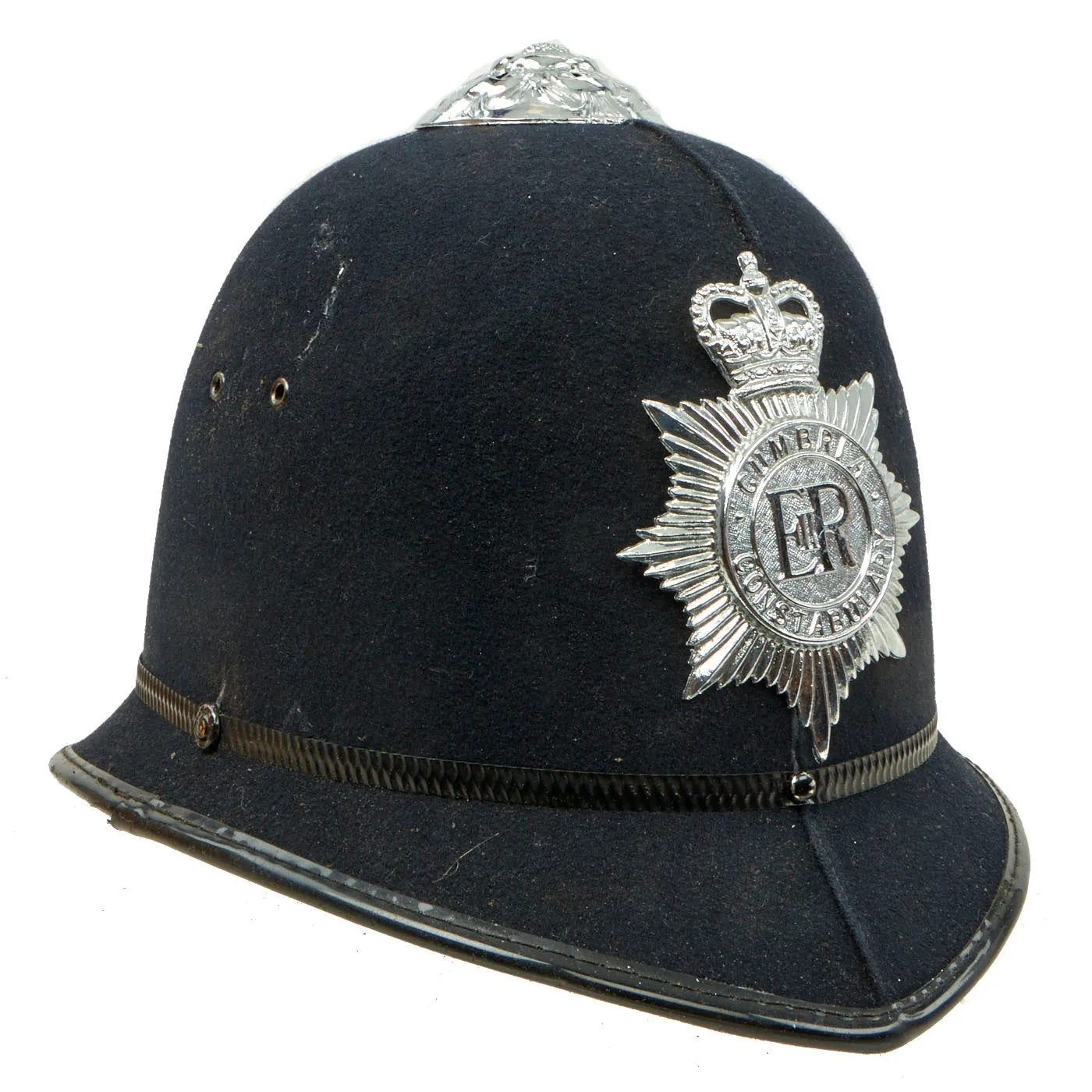 Original Set of 2 British Police Bobby Helmets - Cumbria Constabulary & Dorset Police - Formerly Part the  Tower of London Yeoman Warder’s Club Collection