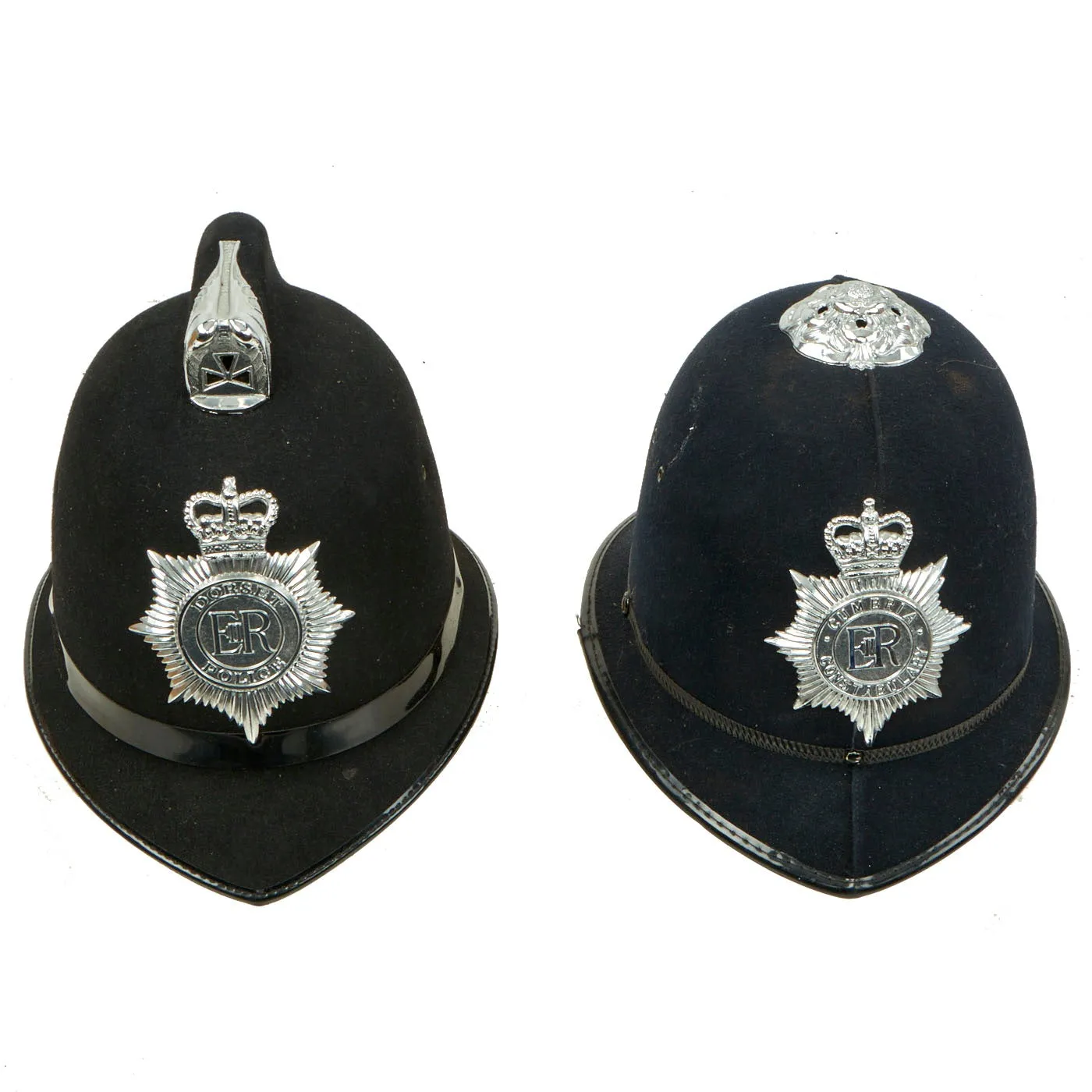 Original Set of 2 British Police Bobby Helmets - Cumbria Constabulary & Dorset Police - Formerly Part the  Tower of London Yeoman Warder’s Club Collection