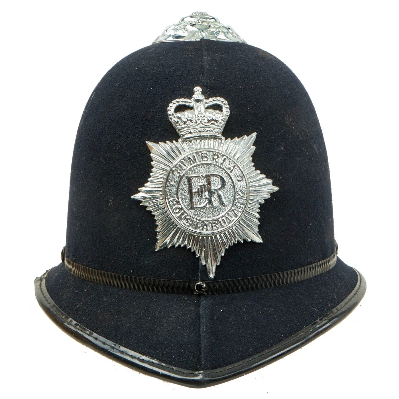 Original Set of 2 British Police Bobby Helmets - Cumbria Constabulary & Dorset Police - Formerly Part the  Tower of London Yeoman Warder’s Club Collection