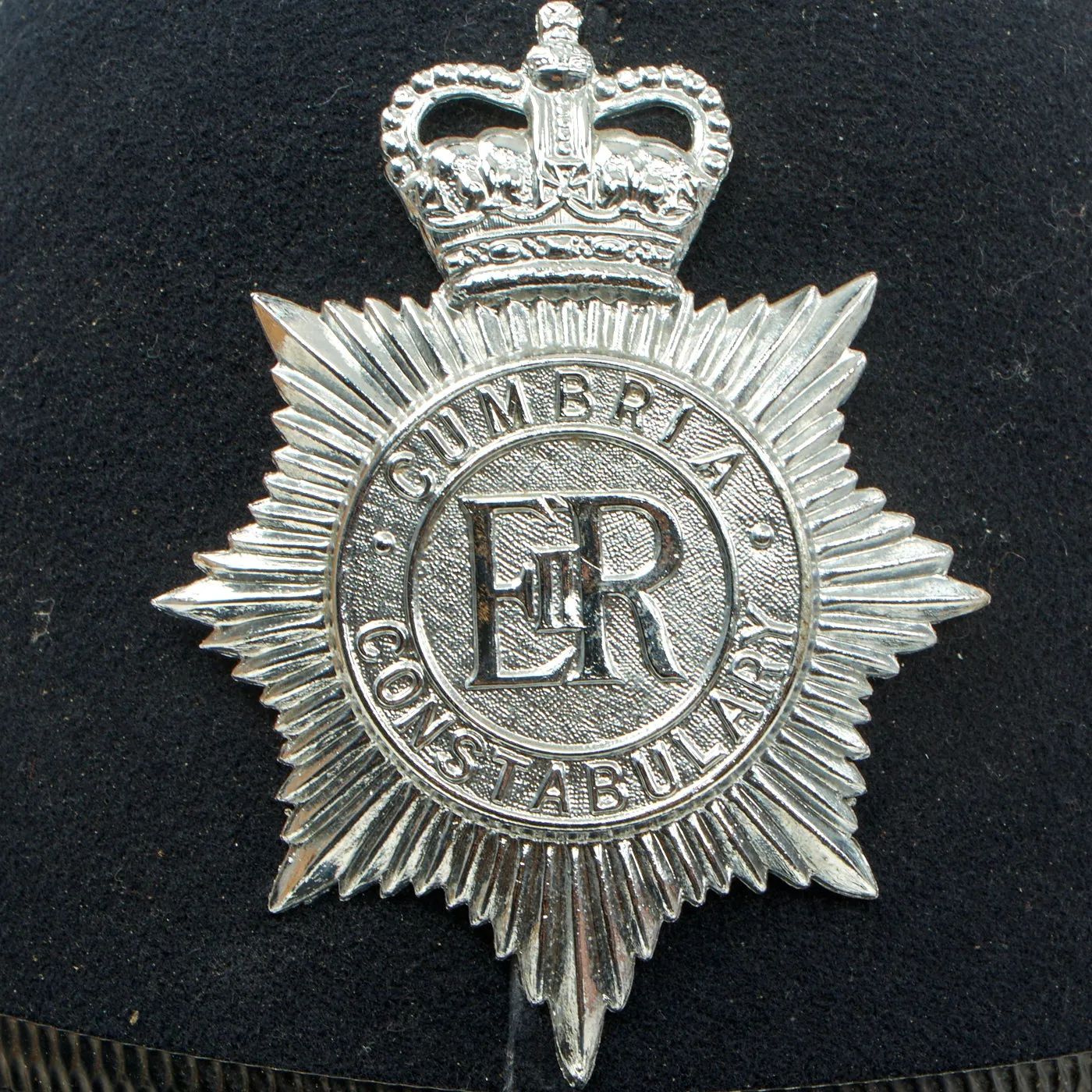 Original Set of 2 British Police Bobby Helmets - Cumbria Constabulary & Dorset Police - Formerly Part the  Tower of London Yeoman Warder’s Club Collection