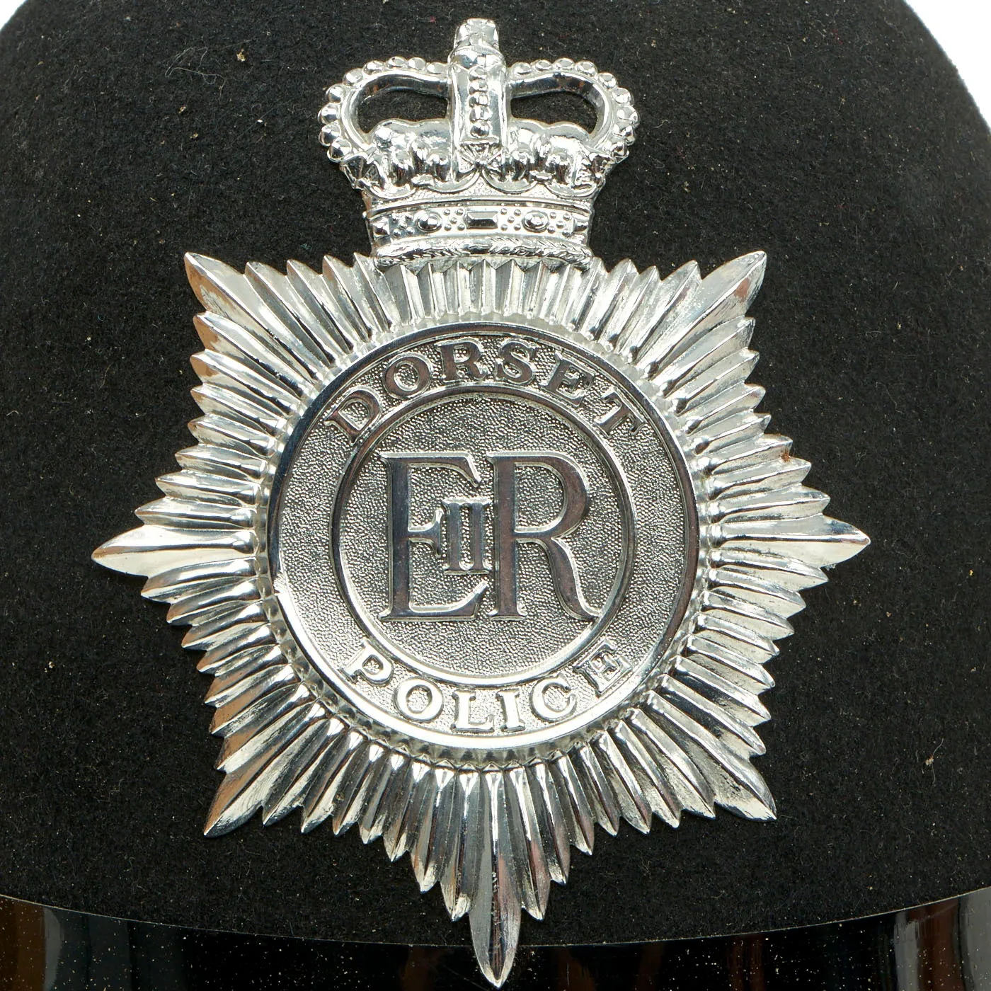 Original Set of 2 British Police Bobby Helmets - Cumbria Constabulary & Dorset Police - Formerly Part the  Tower of London Yeoman Warder’s Club Collection