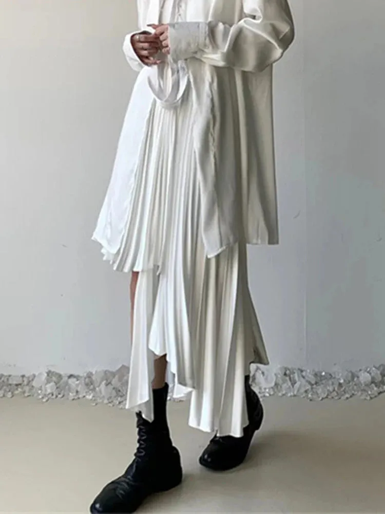 Patchwork Pleated Skirts For Women High Waist Loose Solid Casual Irregular Temperament A Line Skirt Female Fashion