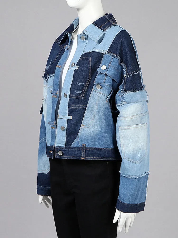 Patchwork Single Breasted Coats For Women Lapel Long Sleeve Hit Color Spliced Pockets Denim Coat Female Fashion