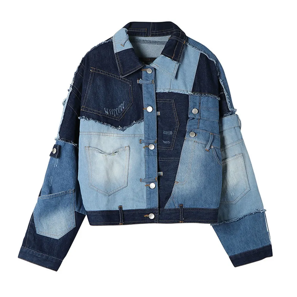 Patchwork Single Breasted Coats For Women Lapel Long Sleeve Hit Color Spliced Pockets Denim Coat Female Fashion