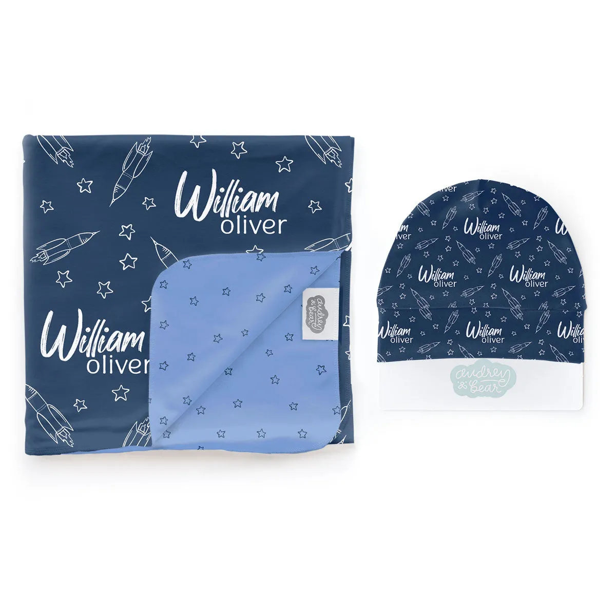 Personalized  Swaddle & Hat Set | Blast Off