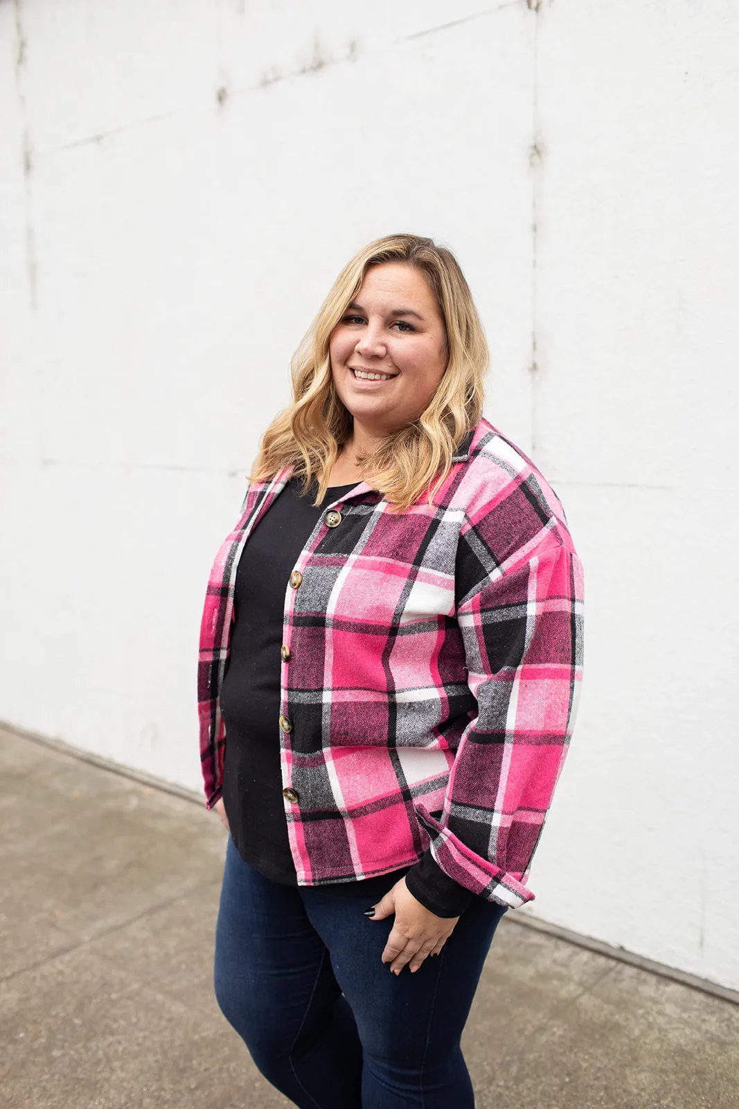 Pink Black Plaid Button Up Flannel Shacket (SM-2X)