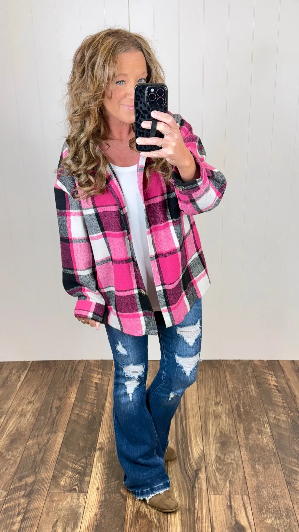 Pink Black Plaid Button Up Flannel Shacket (SM-2X)