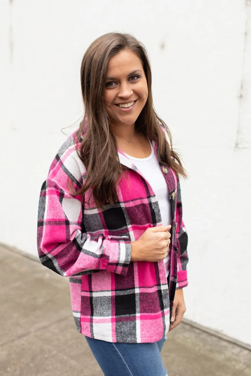 Pink Black Plaid Button Up Flannel Shacket (SM-2X)