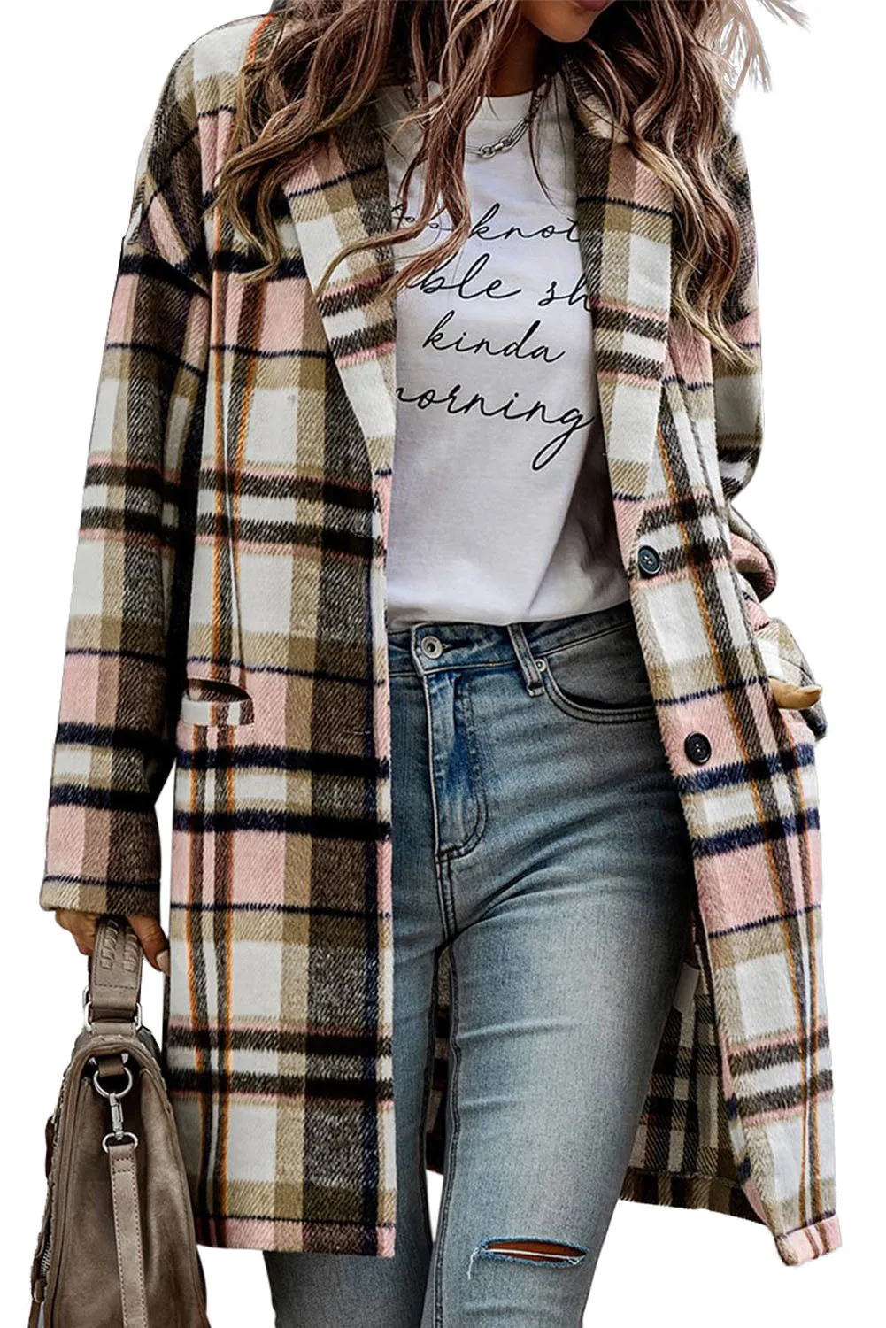 Pink Multicolor Plaid Button Up Lapel Jacket